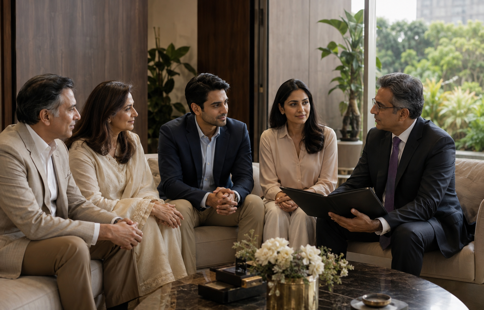 Affluent multigenerational Indian family in a private wealth conversation