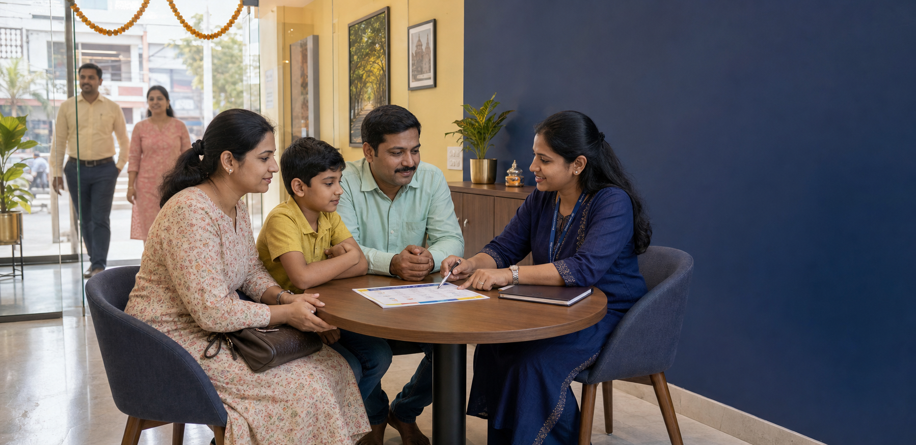 Indian family speaking with a Bajaj Capital representative at a Financial Prosperity Centre
