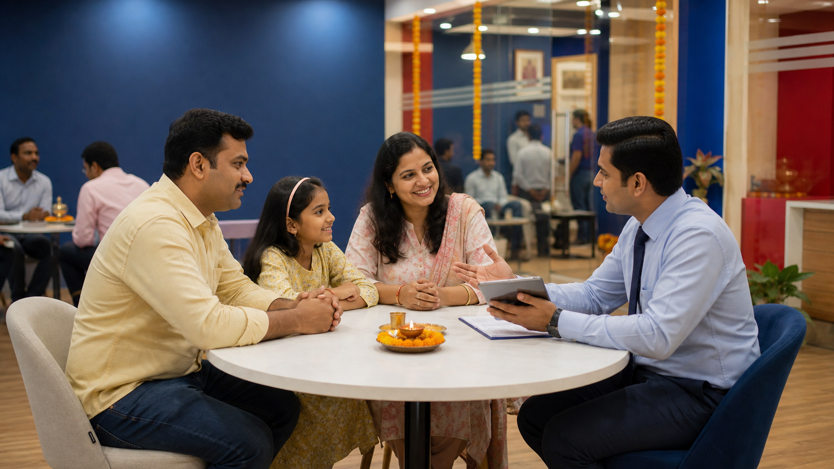 Indian family meeting a financial representative at a round table